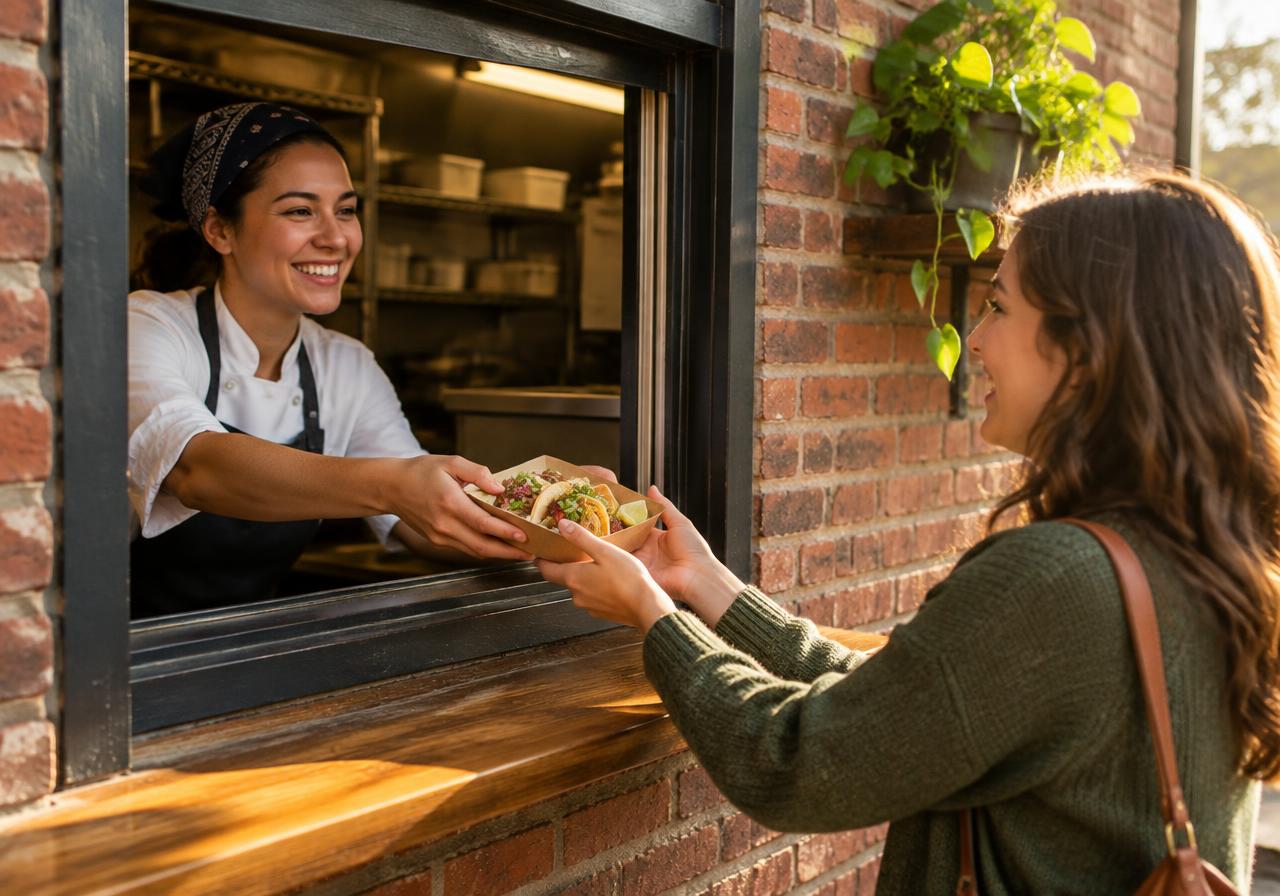 Illustrative image: cook handing a tray of tacos through a brick-wall service window