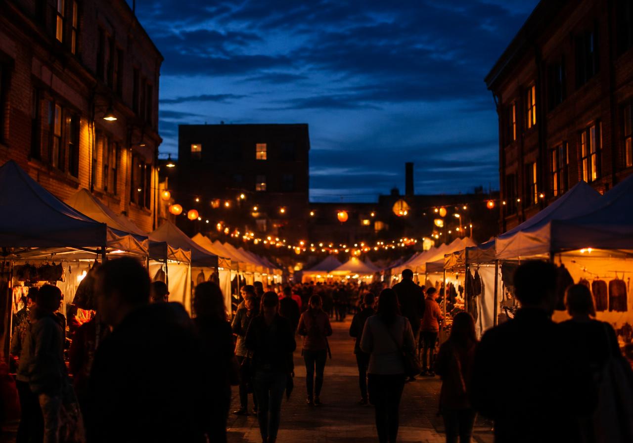 Illustrative image: evening market between brick buildings under glowing lanterns