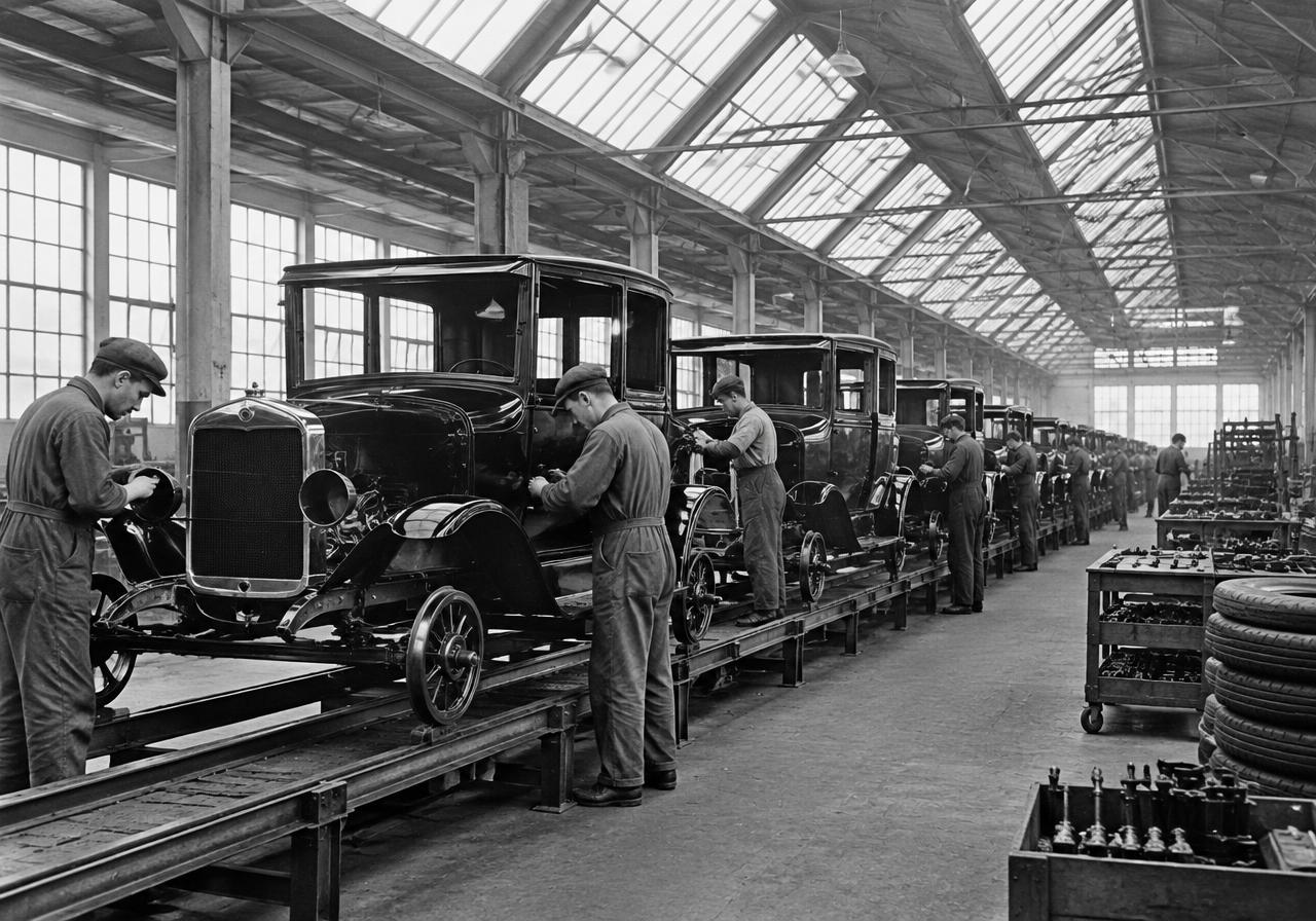 Illustrative image: black-and-white 1920s car assembly line under skylights