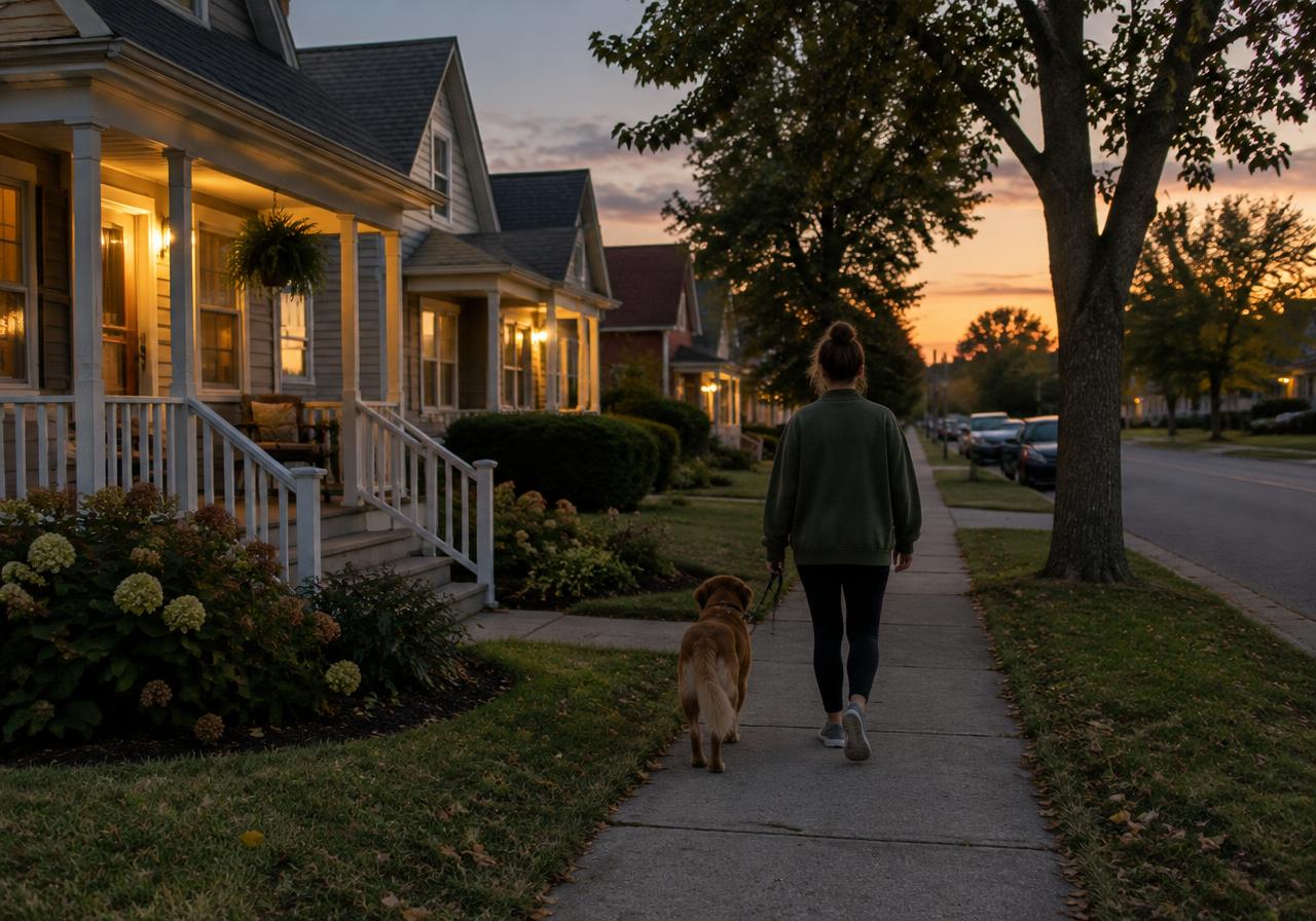 Illustrative image: person walking a dog past lit porches at dusk