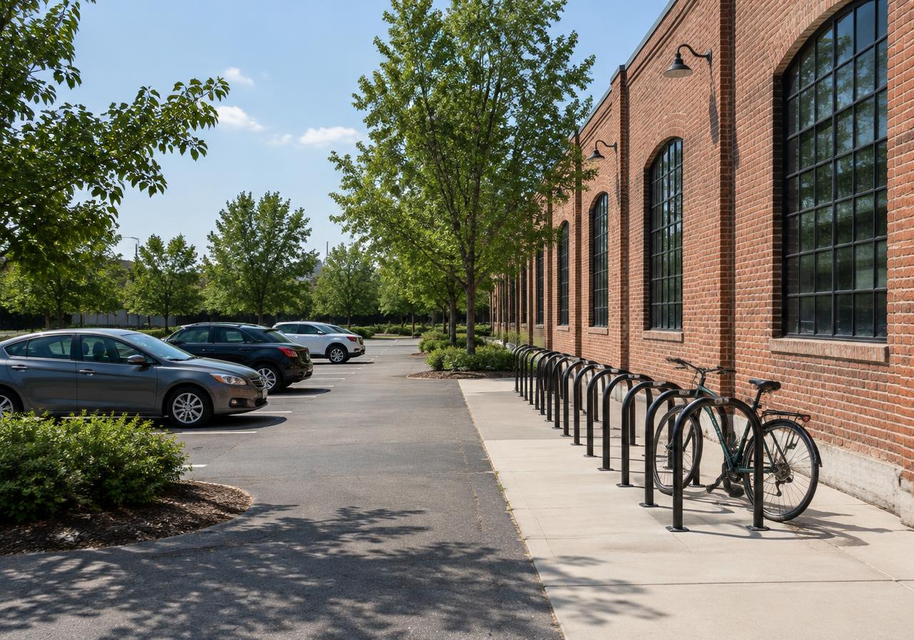Illustrative image: parking lot and bike racks beside a long brick warehouse