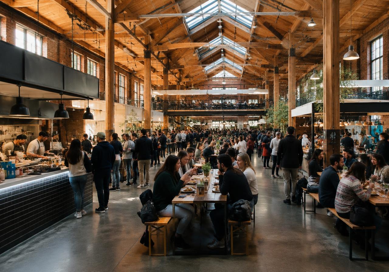 Illustrative image: busy indoor food hall under timber trusses and skylights