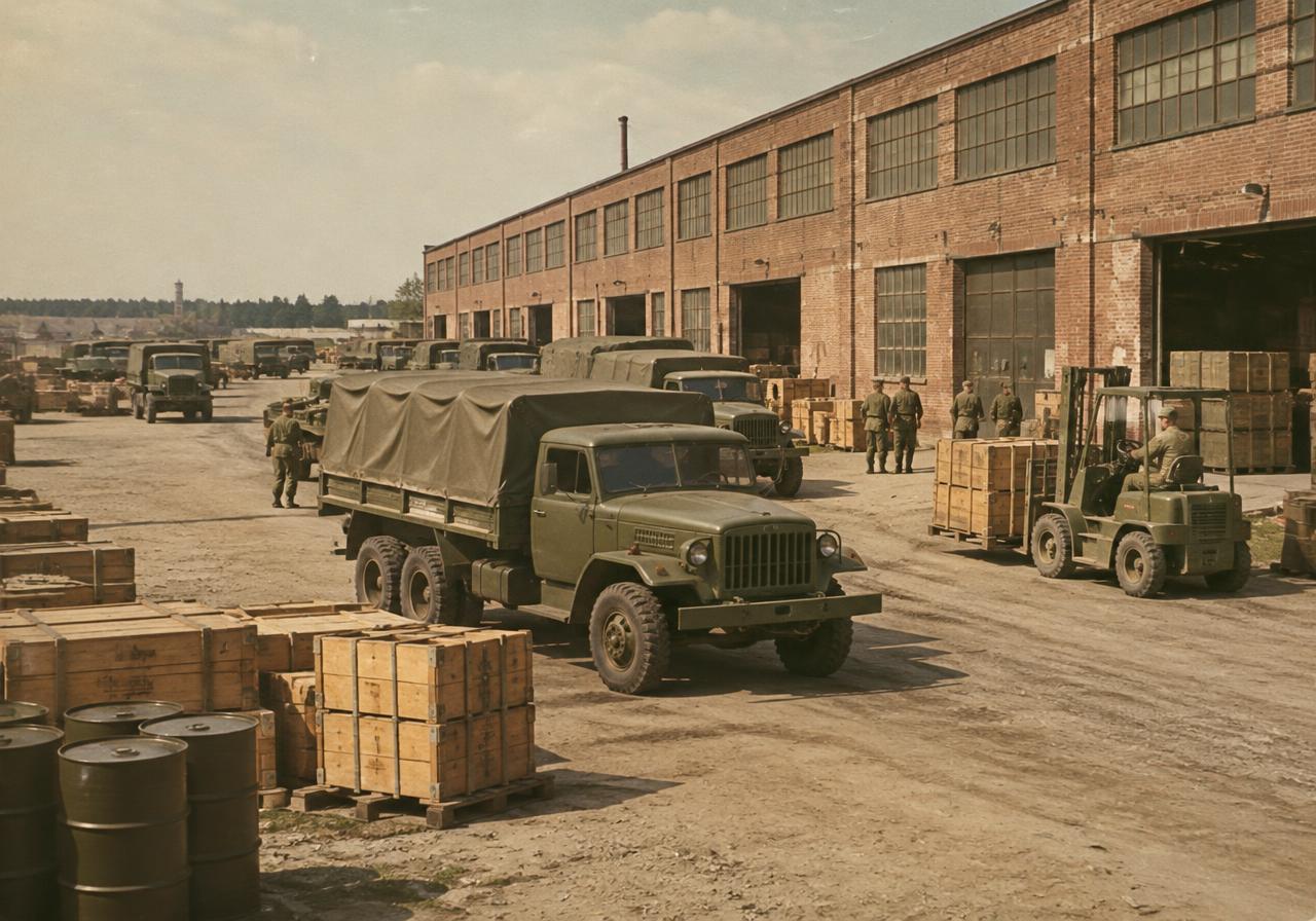 Illustrative image: mid-century military supply trucks and crates outside a brick depot