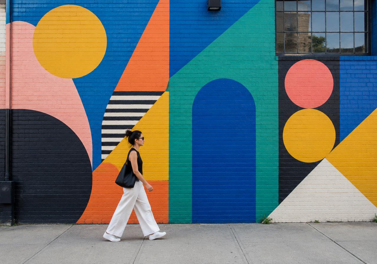 Illustrative image: woman walking past a bold geometric mural on a brick wall