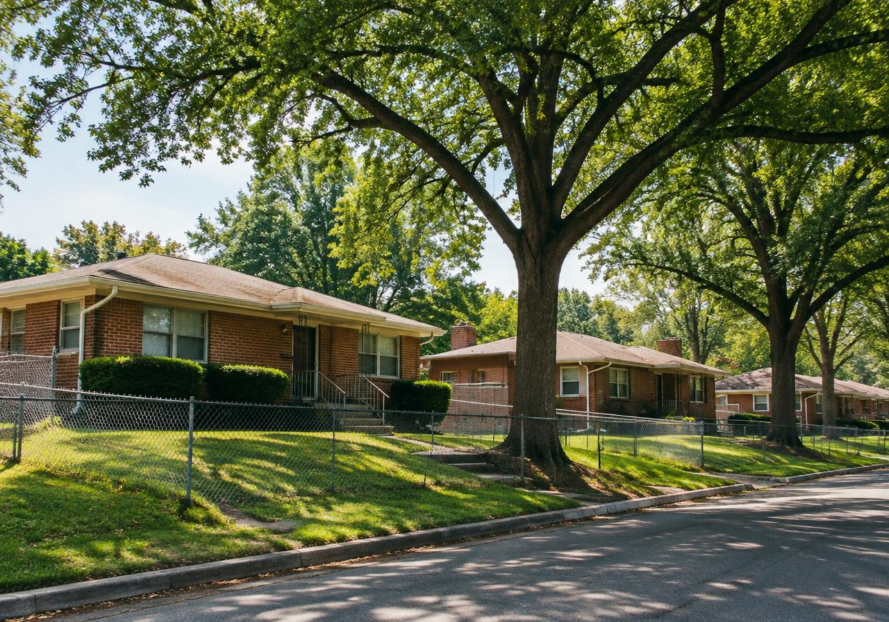 Illustrative image: brick ranch houses under mature oaks on a sloped street