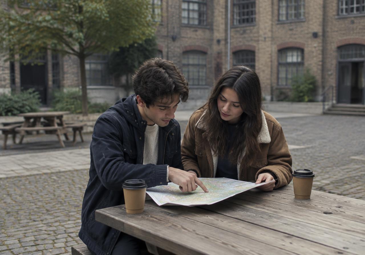 Illustrative image: two visitors reading a paper map at a courtyard picnic table