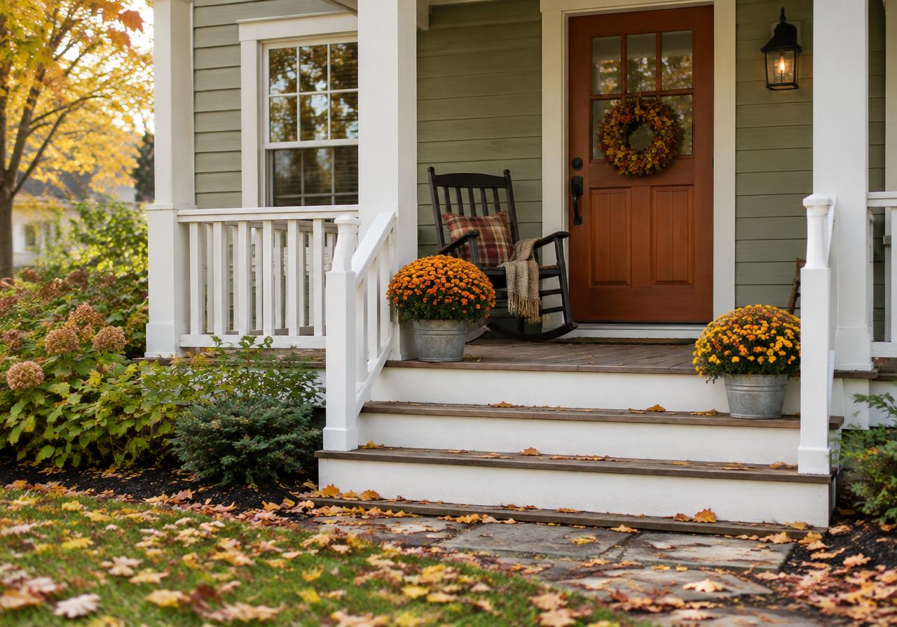 Illustrative image: bungalow porch with a rocking chair and autumn mums