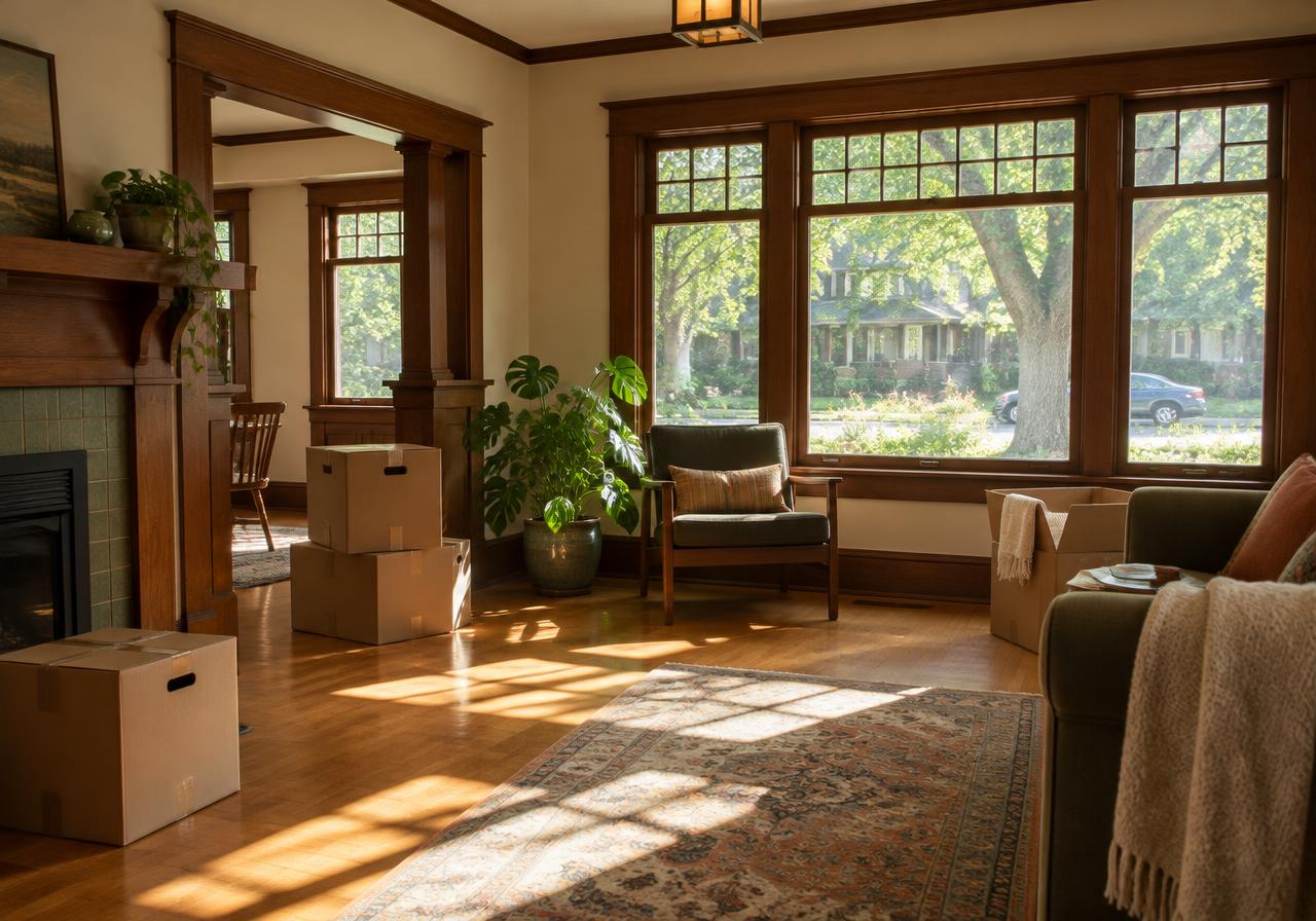 Illustrative image: sunlit craftsman living room with a few moving boxes
