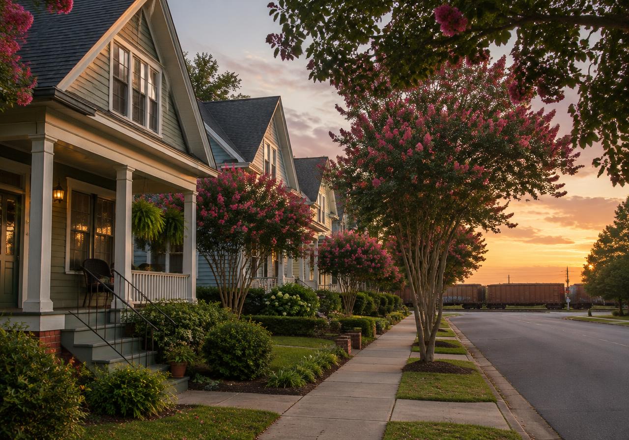 Illustrative image: early-1900s frame houses along a sidewalk with a rail line beyond