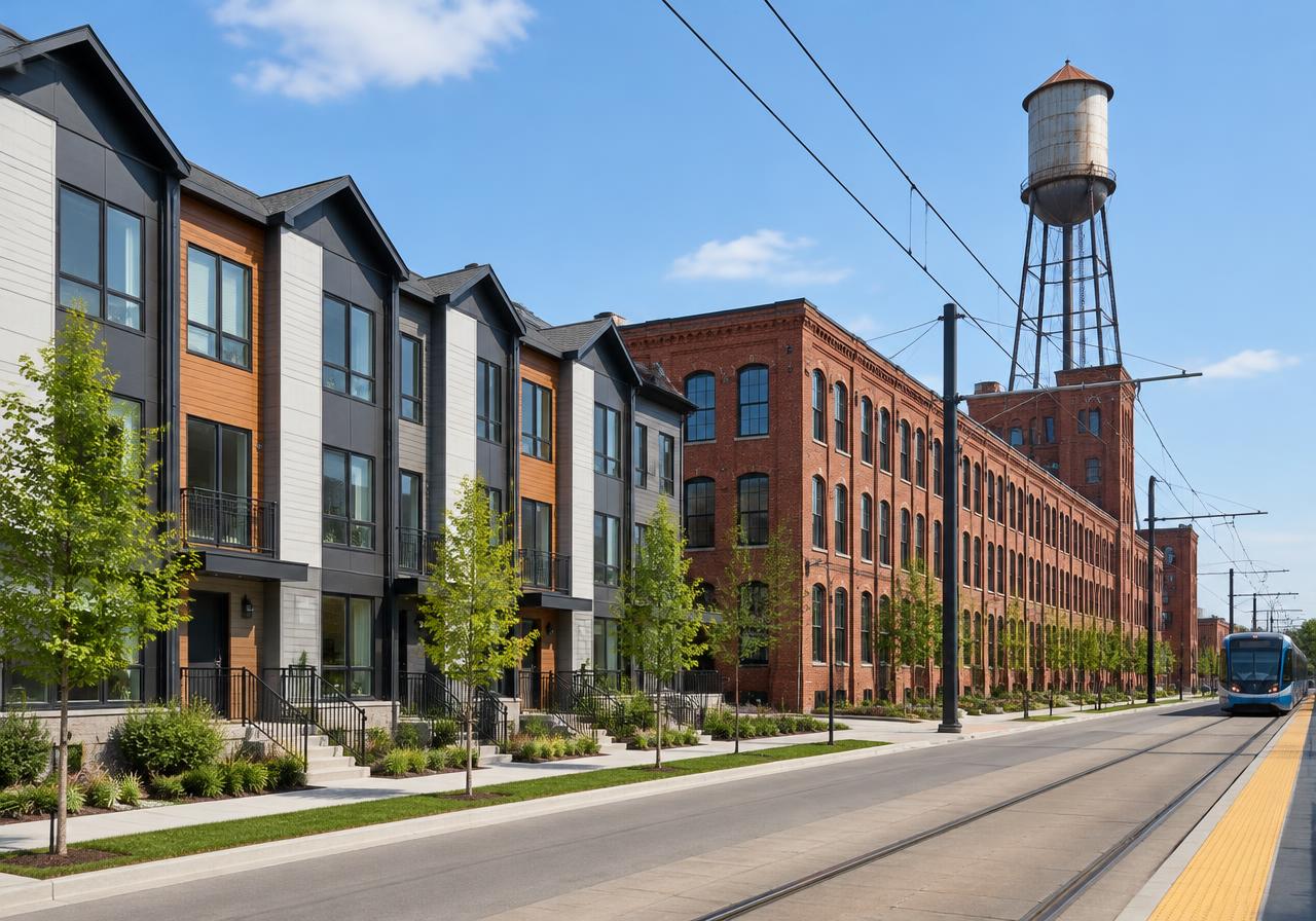 Illustrative image: new townhomes beside a restored brick mill and water tower