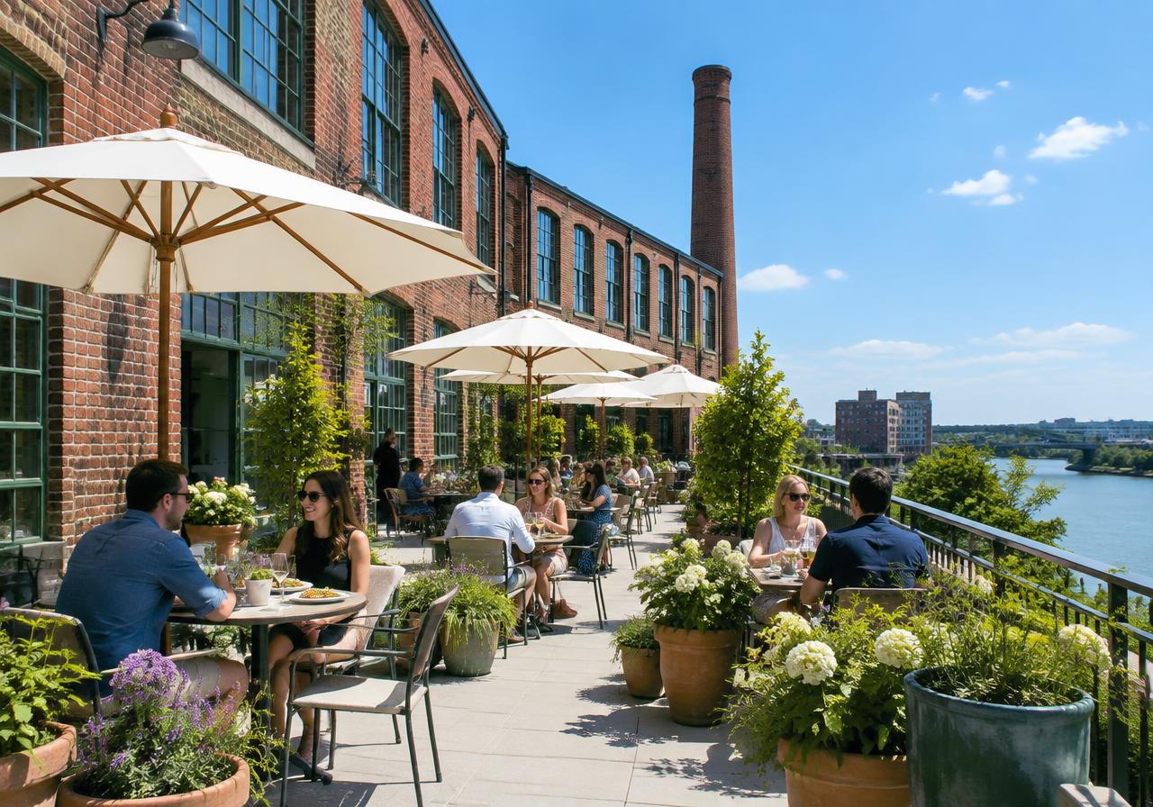 Illustrative image: diners under umbrellas on a terrace beside an old brick mill