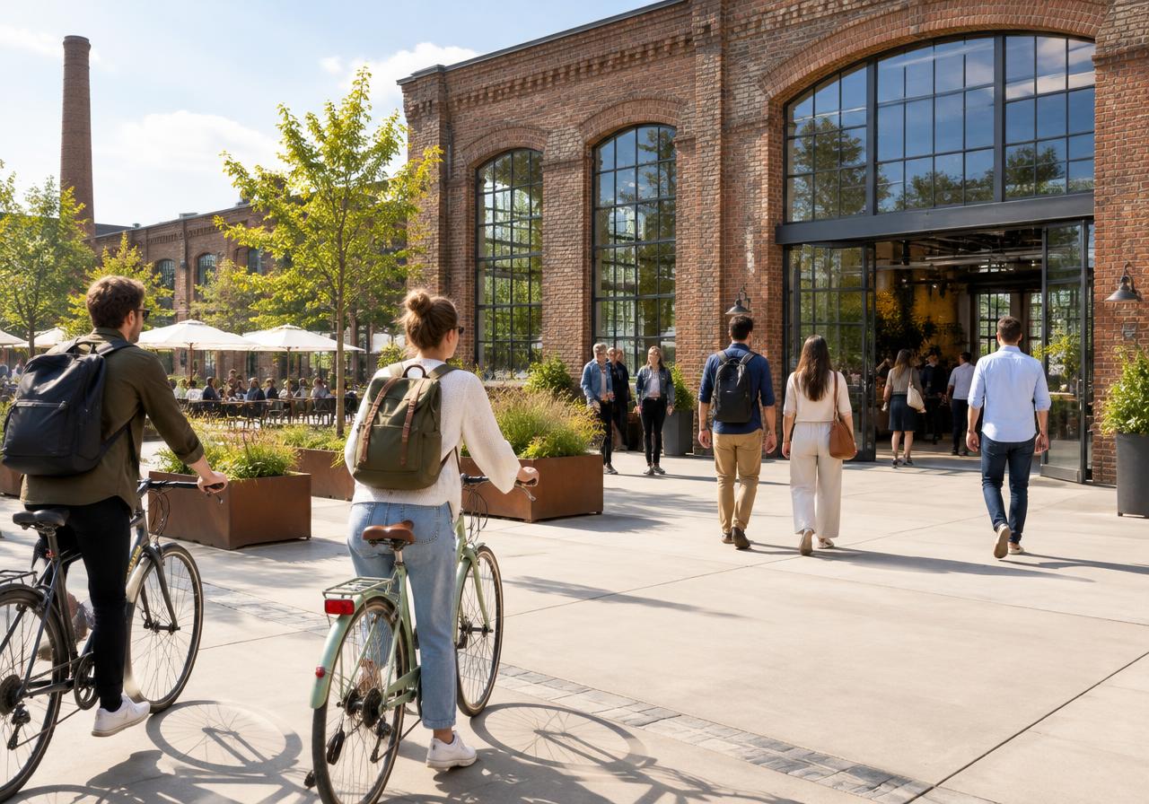 Illustrative image: visitors arriving by bike and on foot at a converted brick building